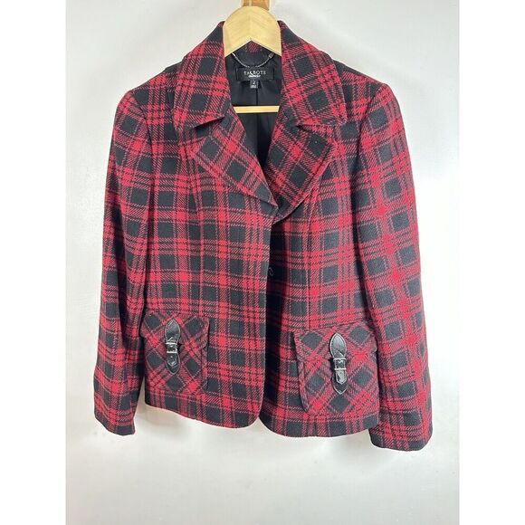 TALBOTS The Grace Fit Red Tartan Plaid Sparkle Wool Jacket Womans Size 4‎ - Picture 1 of 14